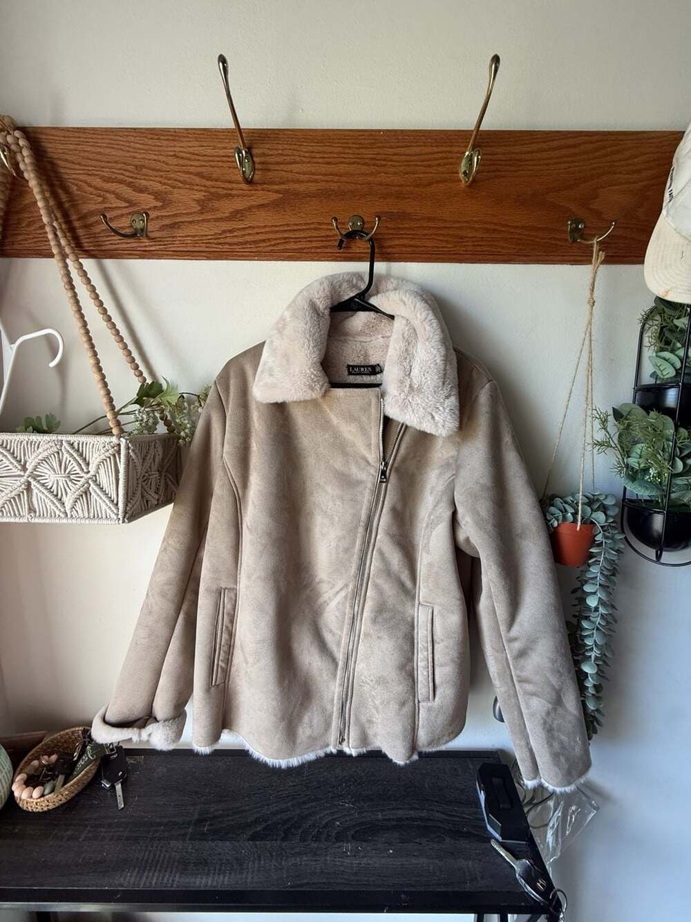 Lauren Ralph Lauren Faux Shearling Moto Jacket Size 175/100A Tan